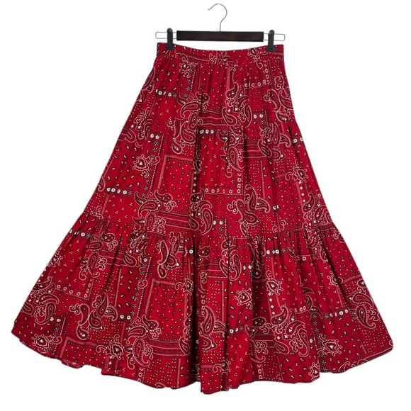 VINTAGE VRG SPORT Red Paisley Bandana Print Tiered Maxi Skirt Elastic Waist MED - Picture 12 of 12